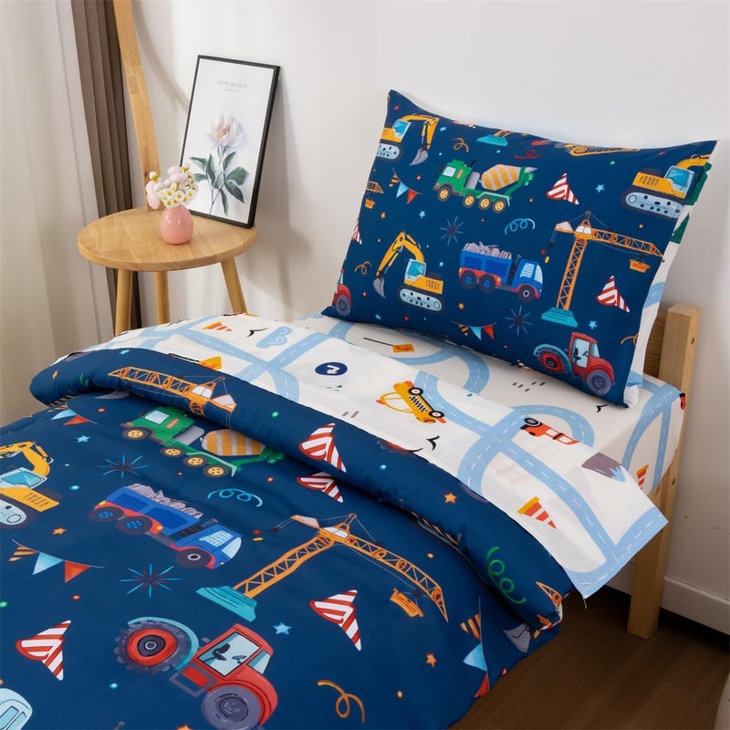NTBED 4 Pieces Construction Truck Toddler Bedding Set for Baby Boys, Flags Vehicles Excavator Cars Printed, Includes Comforter, Flat Sheet, Fitted Sheet and Pillowcase,Navy - Image 3